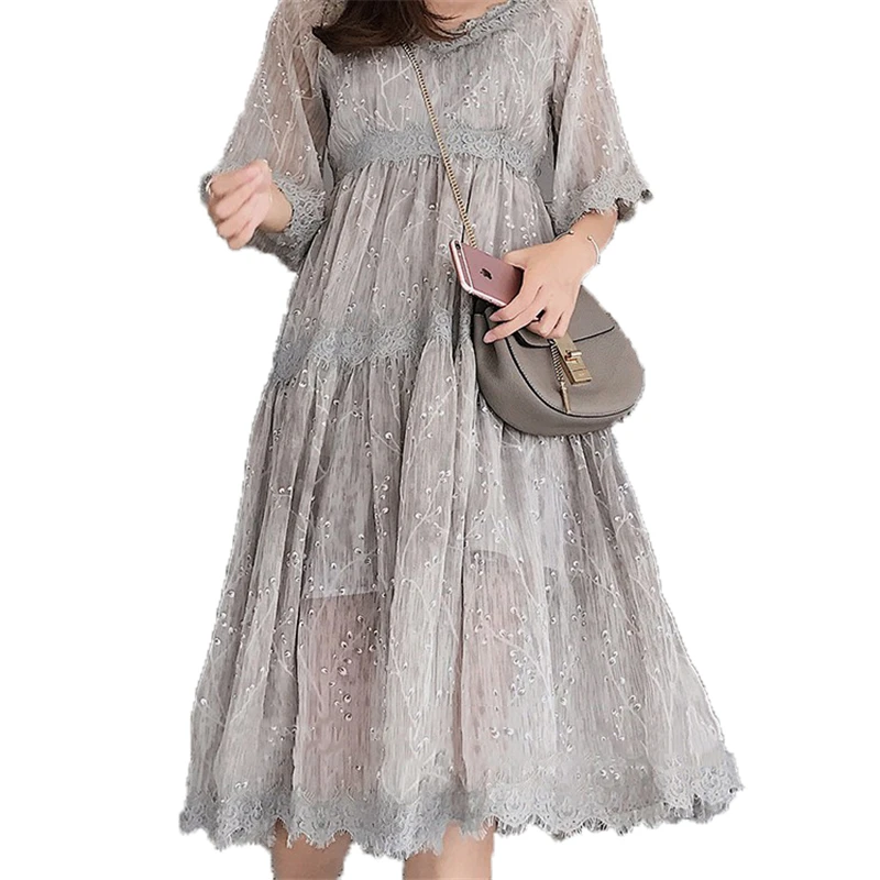 

New Summer Dress Vintage Floral Women's Dress Large Size Sling Chiffon Dress Loose Big Size Lace Puff Sleeve Female Dress J380-2