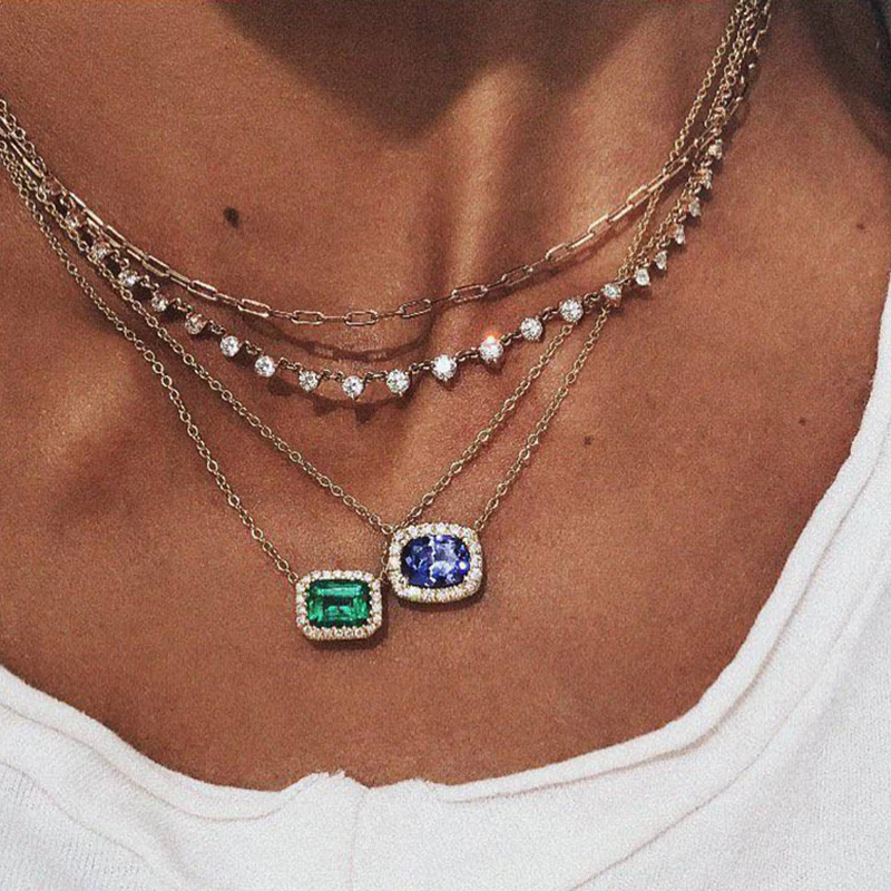 

Bohemian Multilayer Blue Green Crystal Necklace Women's Vintage Layered Silver Collar Necklace Fashion Jewelry 2019 Party Gift