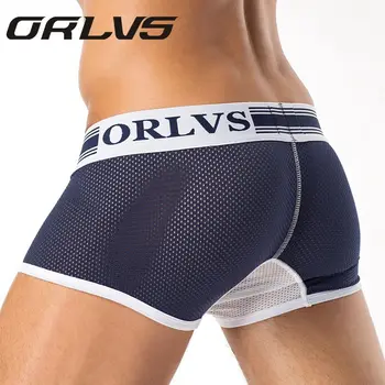 

ORLVS Breathable Men's Sexy Summer Mesh Ice Silk Underwear Boxer Four Corner Panties Male U Convex Pouch Shorts Solid Plus Size