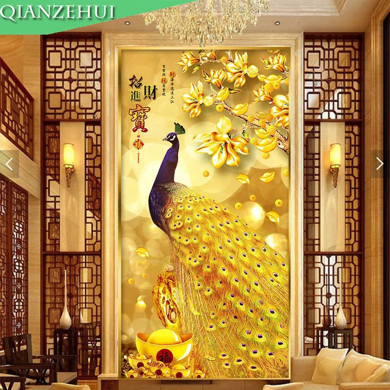 

QIANZEHUI,DIY Diamond Embroidery,Round Diamond Gold peacock Full rhinestone Diamond painting cross stitch,needlework