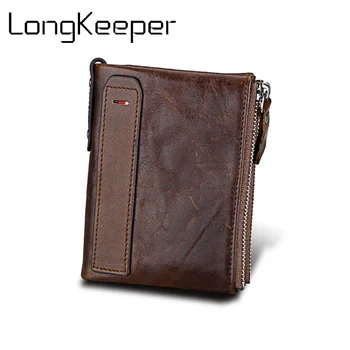 

Genuine Leather Men Wallet Crazy Horse RFID BLOCKING Double Zipper Small Vintage Coin Pocket Wallets Cow Leather Brand Wallet