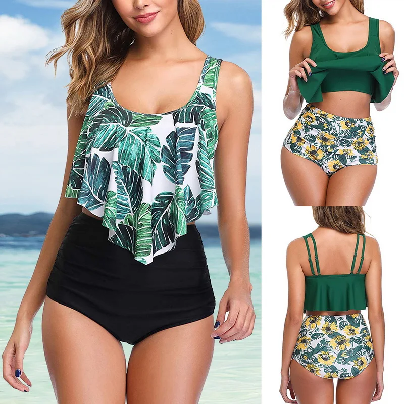

S-2XL Plus Size Women Swimwear Sexy Ruffle Bikini Set Floral Print Tankini Push Up Swimsuit Mujer Bathing Suit Summer Beach Wear
