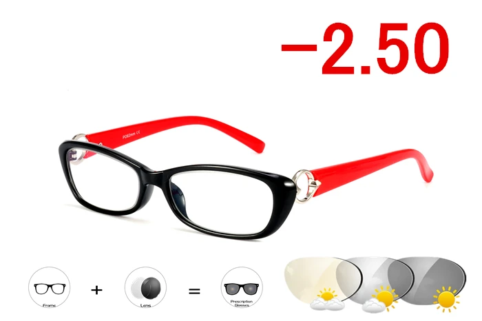 Black -2.50 Близорукость Солнцезащитные очки с фотохромной отделкой для женщин Близорукость очки оправа с цветными линзами солнцезащитные очки близорукость очки-1,0-1,5-1,75 - Цвет оправы: Black -2.50