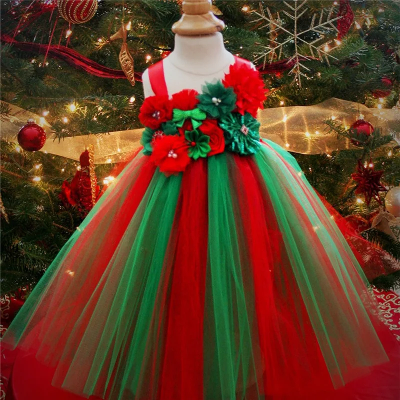 КРАСНОЕ И Зеленое рождественское платье-пачка для девочек длинное платье принцессы из тюля с цветами Детские Рождественские костюмы, праздничные платья PQ150