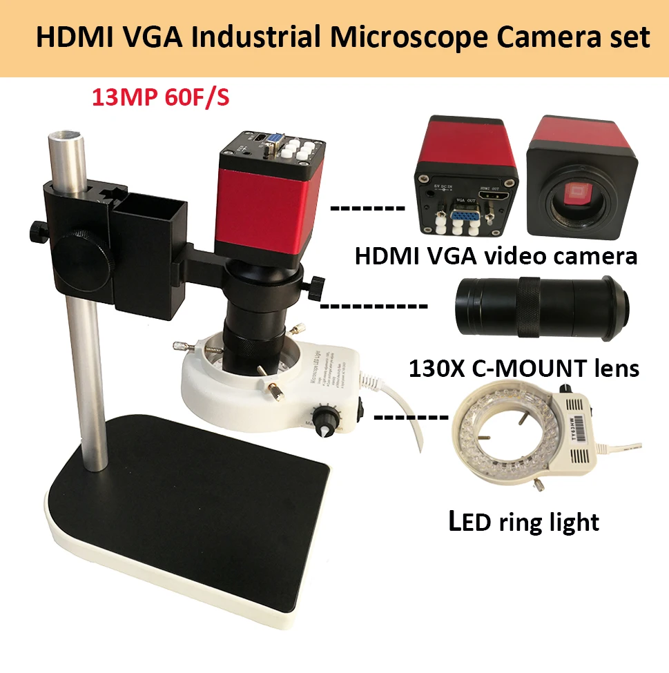 SH-CHEN 13MP HDMI VGA Video Microscope Camera Sets 120X/180X/300X C-Mount Lens Big Workbench Table for Phone PCB SMD Welding Repair Color : B, Magnification : 120X 