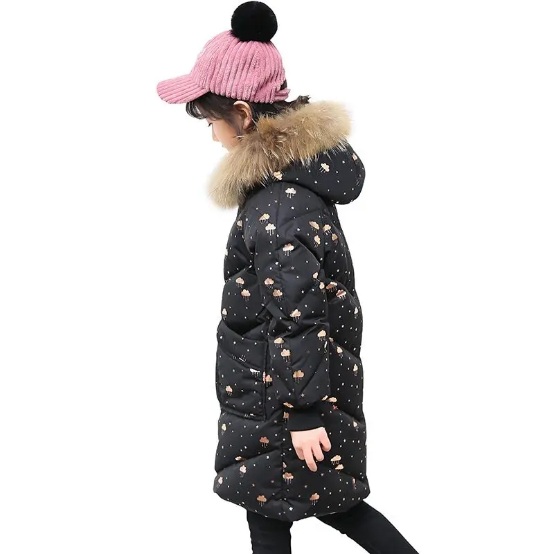 

Cold Winter Girls Warm Clothes 6-14year Infant Coat 2019 Kids Thicken Jacket stars printed Snowsuit black collars long Outerwear