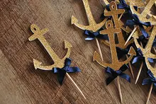 Glitter Gold with Blue Bowknot Navy Anchor Sailor Cupcake Topper 10pcs/pack Nautical Themed Kids Birthday Party Baby Shower