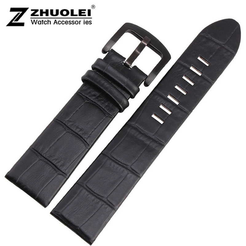 

22mm New Black Genuine Leather Watch Band Strap comfortable Bracelet with black stainless steel buckle Watchband