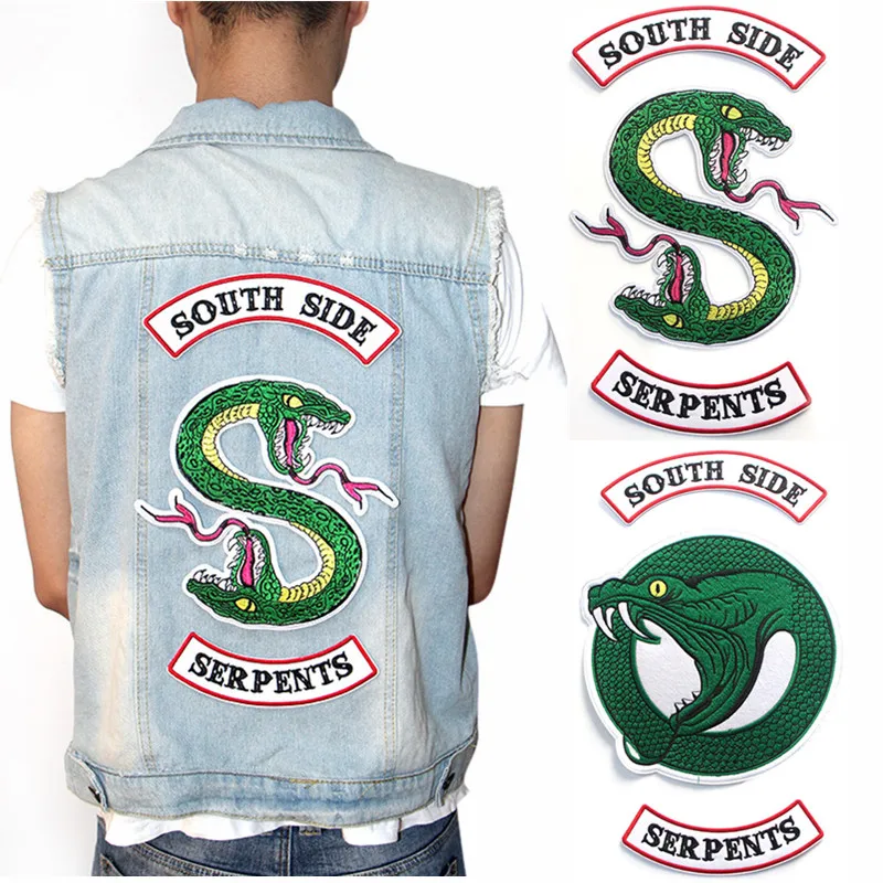 

Big size RIVERDALE Green snake Southside Serpents DIY patches iron on shirt Embroidered badges for Clothes hat bag M2741