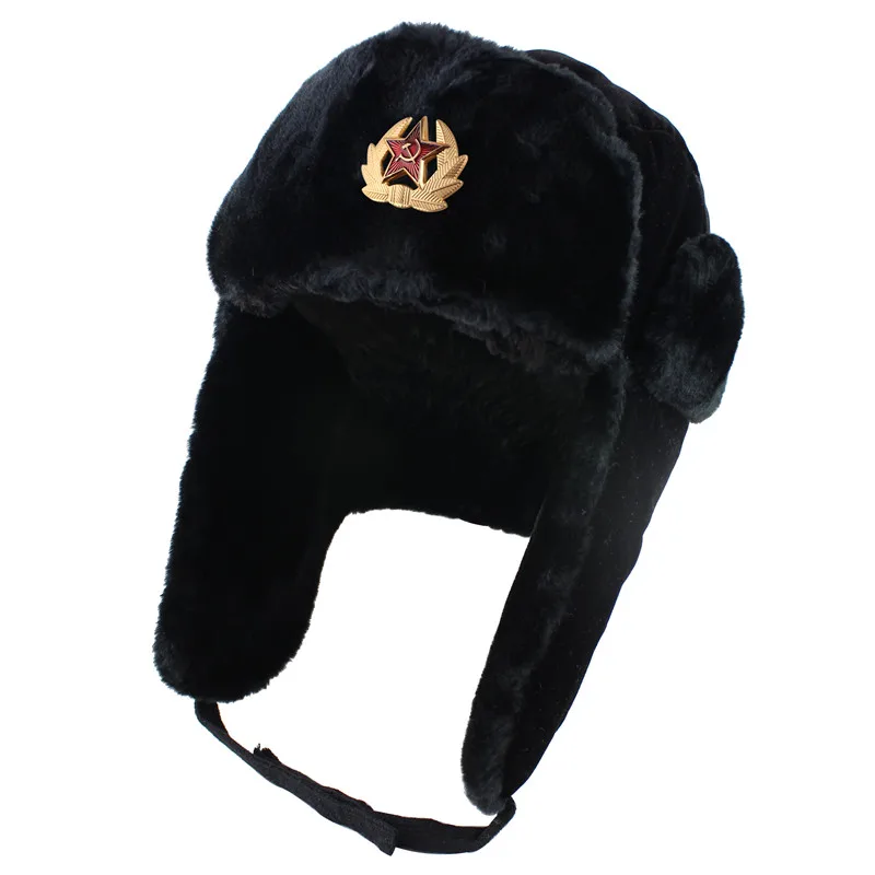 Soviet Army Military Badge Russia Ushanka Bomber Hats Pilot Trapper trooper Hat Winter Faux Rabbit Fur Earflap Men Snow Caps - Цвет: Soviet Badge