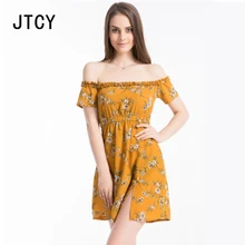 JTCY Women Summer Printing Floral Dress Short Sleeve Off The Shoulder Slash Neck Casual Dress Female Sexy Split Elastic Waist printing off the shoulder flounce dress