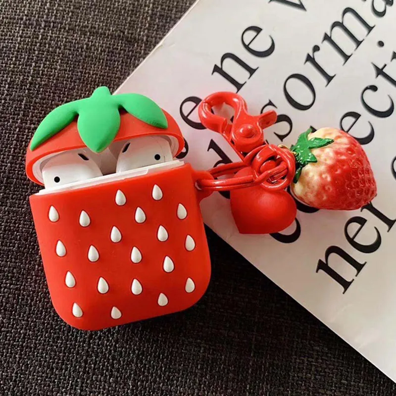 Soft Silicone Case Earphones For Apple Airpods Bluetooth Wireless Earphone Protective Skin Cover Box Strawberry Pattern Keychain