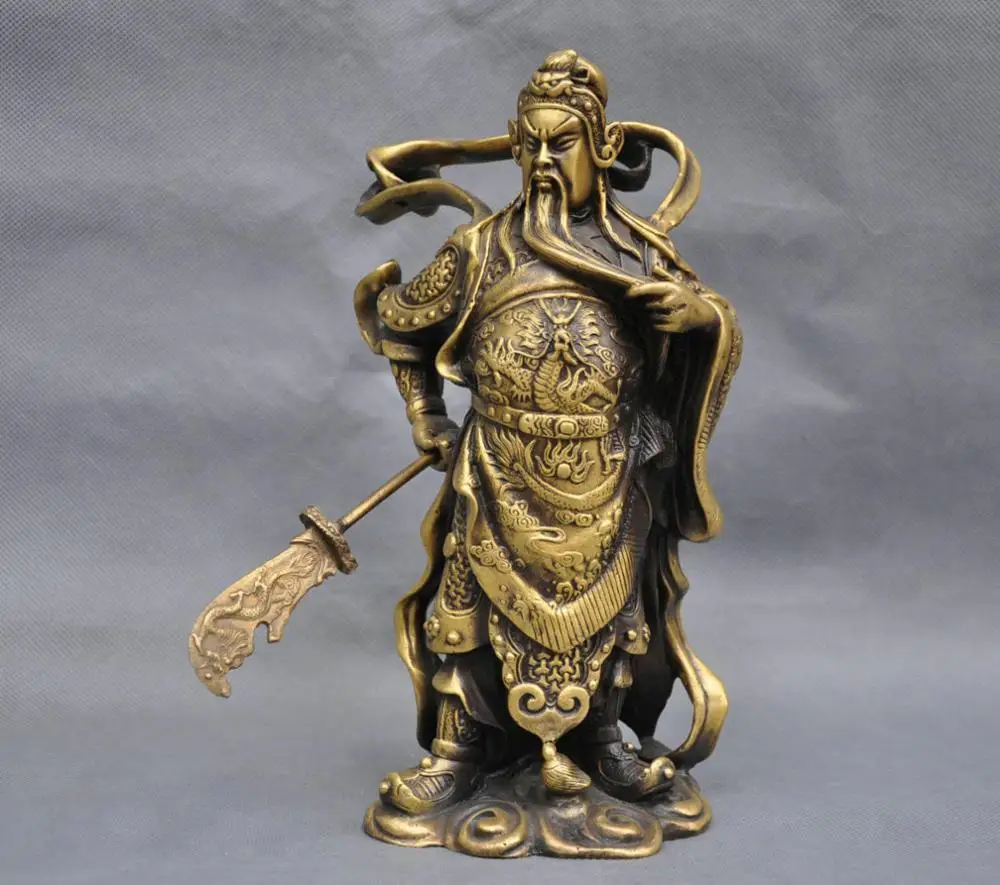 ^ 10'' China Warrior Soldier Guan Gong Dragon Sword Bronze Statue