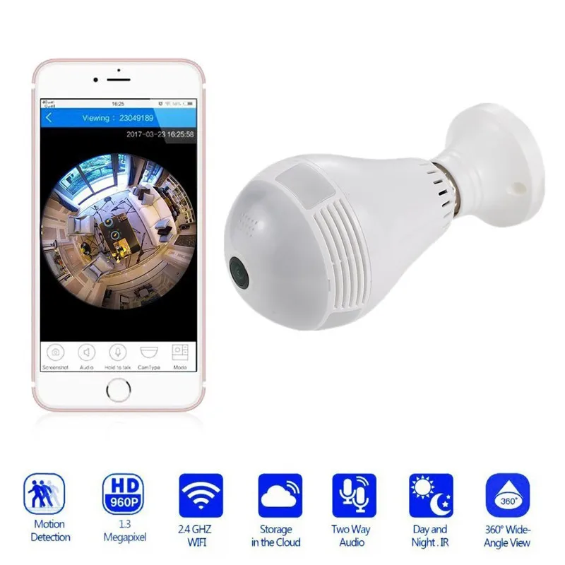 

HD 960P Cloud Wireless IP Camera 360 Degree Fisheye Panoramic LED Light Bulb Camera IR-Cut Nigh Vision Home Security CCTV Camera