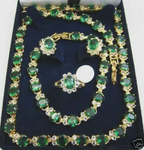 

Fast shipping +14KGP GP Emerald Necklace Bracelet Earring Ring set (A0503)