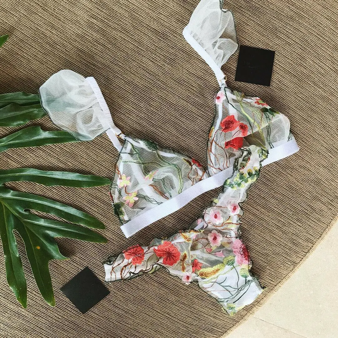 2pcs Sexy Women Lingerie Set Embroidery See-through Lace Mesh Ruffles Floral Bra Brief Set Babydoll Thong Underwear