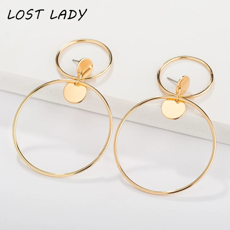 

Lost Lady 2019 New Fashion Gold Color Metal Round Dangle Drop Earrings For Women Girls Statement High Street Punk Women Jewelry