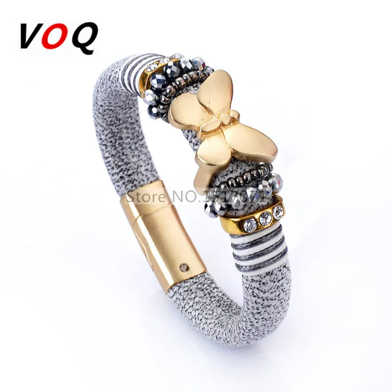 

European Fashion Magnet Stainless Steel Leather Bracelets For Women Bow Crystal Charm Bracelets Bangles Gifts