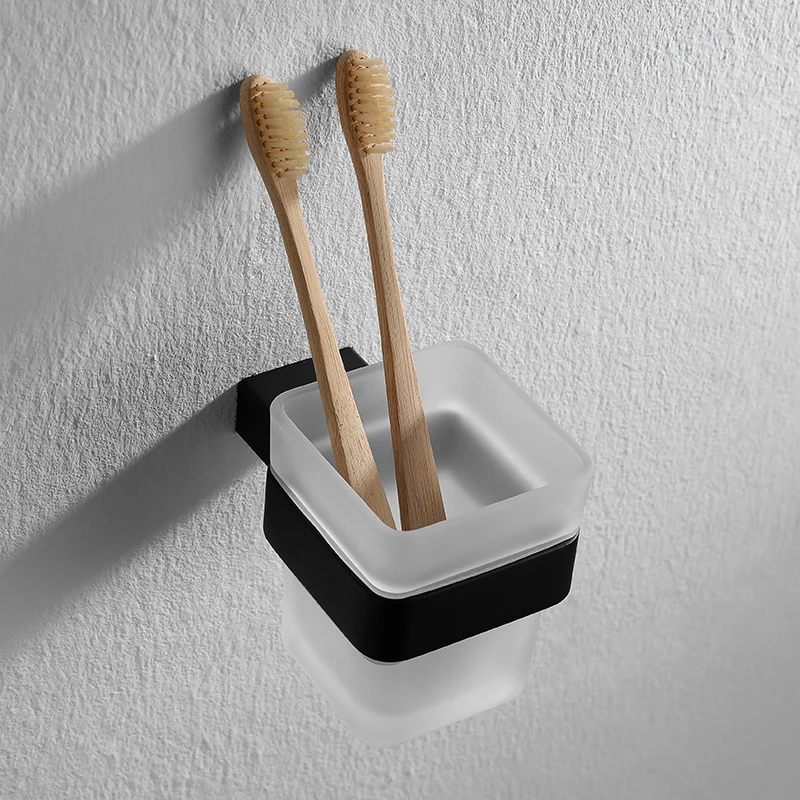 

AUSWIND vintage 304 stainless steel Square base toothbrush holder with single glass cup black color wall mount bathroom products