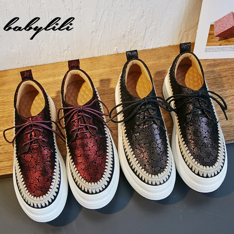 

Lace Up Flats Shoes Creepers Platform Shoes sheep leather round toe sneakers thick high bottom breathable vulcanized shoes