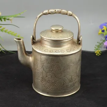 

China Silver Palace Carving Two children and lotus fish Tea Pot Flagon