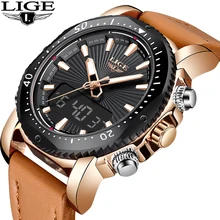LIGE New Mens Watches Top Brand Luxury Quartz Dual Display Sport Waterproof Waterproof Men Business Leather Clock Montre Homme