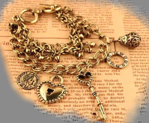 

Ancient Roman Coin & Key & Heart Lock Charms Multilayer Bracelet, Vintage Roman Series Bracelet Multiple Chain Bracelet