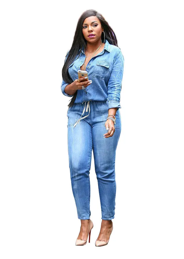 Весенняя мода, женский джинсовый комбинезон, повседневный комбинезон с длинным рукавом, Повседневная джинсовая рубашка, комбинезон, летняя элегантная женская одежда 3XL - Цвет: Синий