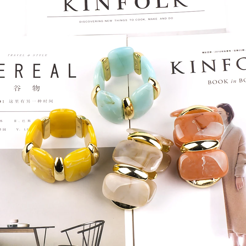 Classic Geometric Resin Cuff Fashion Bracelets Bangles for Women Stretch Acrylic Gold Metal Wide Bracelets Female Charm Jewelry (1)