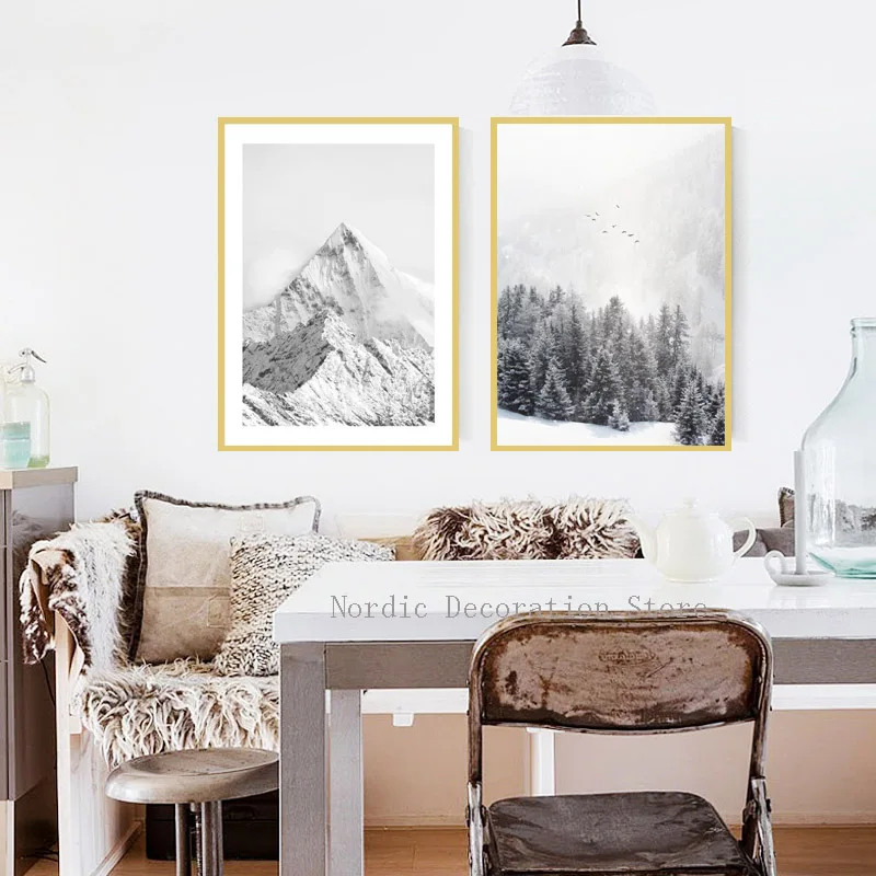 

Black And White Nordic Ice Snow Mountain Abstract Forest Landscape Canvas Posters And Prints Wall Art Canvas Painting Unframed