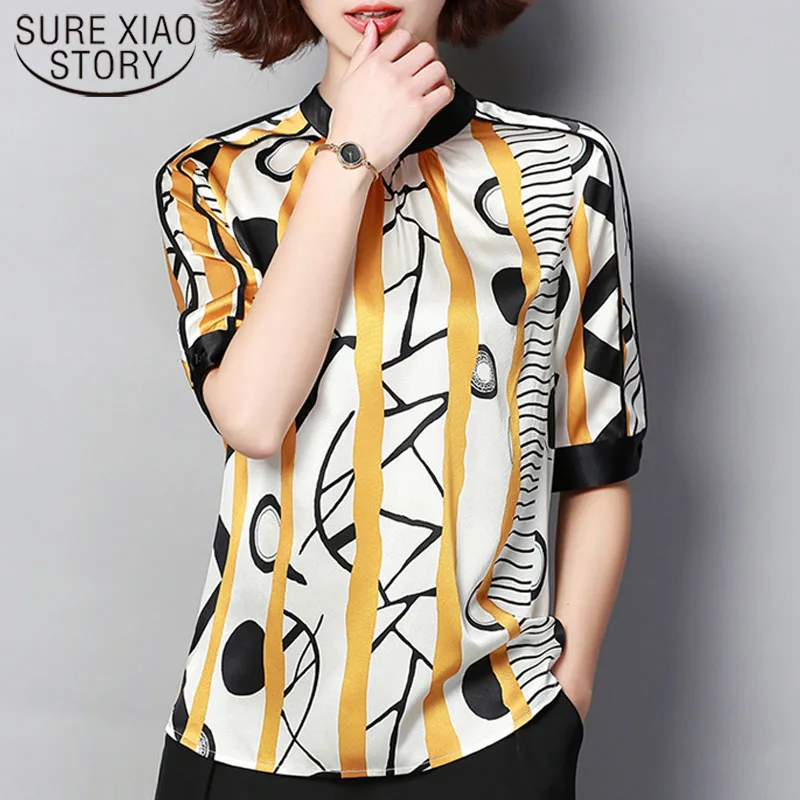

Sexy Plus Size Women Short Sleeve Shirts Silk Large Size Slim Fashion Print Blouse New 2019 Womens Tops and Blouses 3211 50