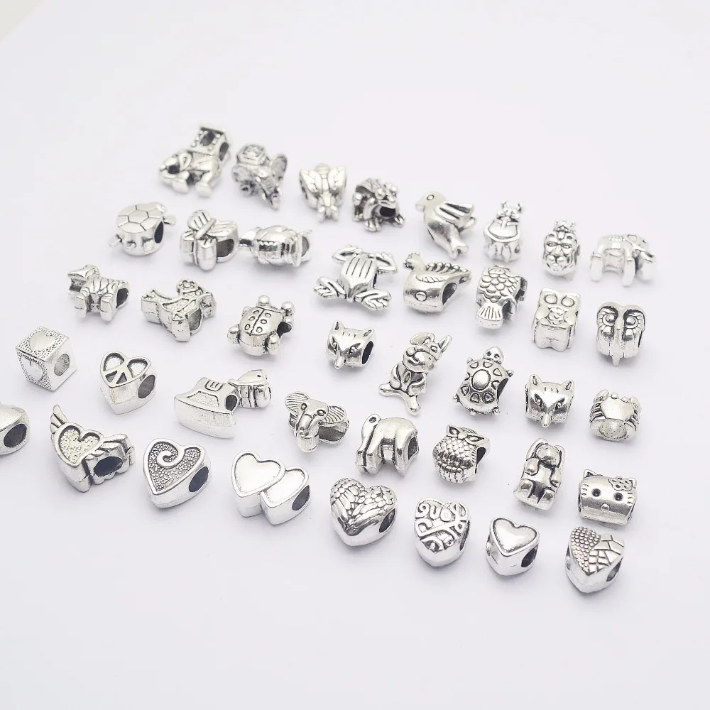 

European Heart & animal Charms Fit Pandora Charm Bracelet Tibetan Silver Alloy Mixed DIY Beads for Charm Bracelets Jewelry 40Pcs