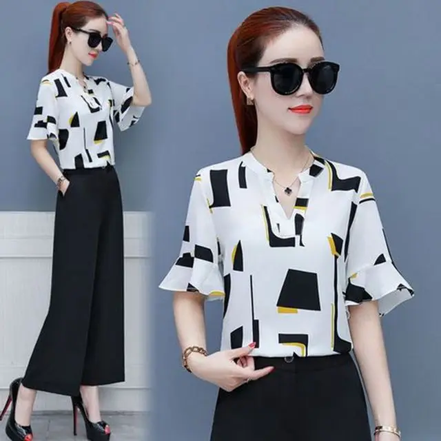 

Women Chiffon Pant Suits Casual Formal Elegant Office Lady Work Blouse Tops Wide Leg Pants Two Piece Set Outfits Femme Summer