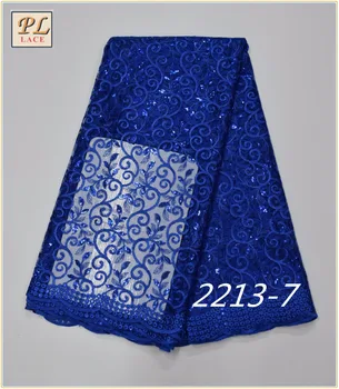 

High Quality African Lace Fabric Gold , Royal Blue French Net Embroidery Sequins Tulle Lace Fabric For Nigerian party Dress MY08