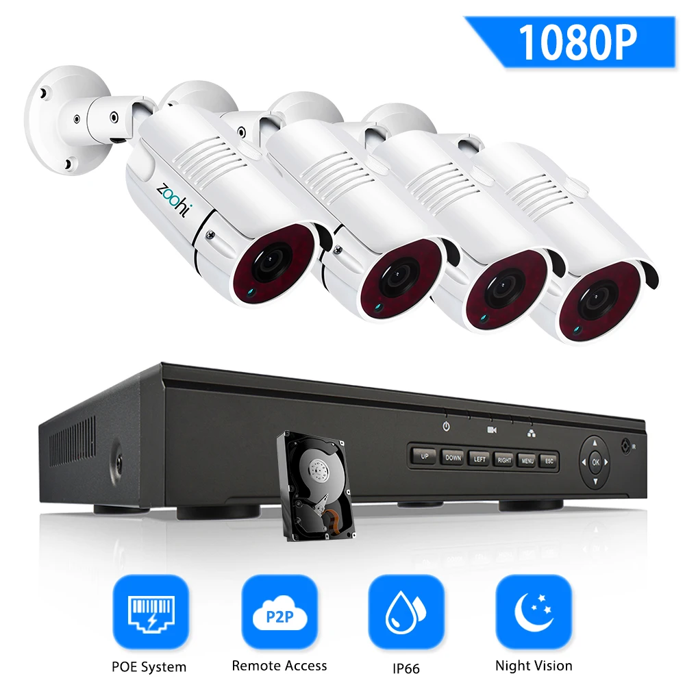 

Zoohi Security Cameras System 2.0MP HD IP Camera Waterproof IP66 Night Vision 4CH Onvif 48V POE NVR Kits CCTV Camera System