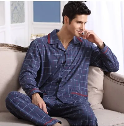 Мужские пижамы на весну и осень, пижама с длинным рукавом, хлопковый клетчатый кардиган, мужские пижамы для отдыха, пижамные комплекты, плюс размер, 4XL, для сна - Цвет: 5705 Blue