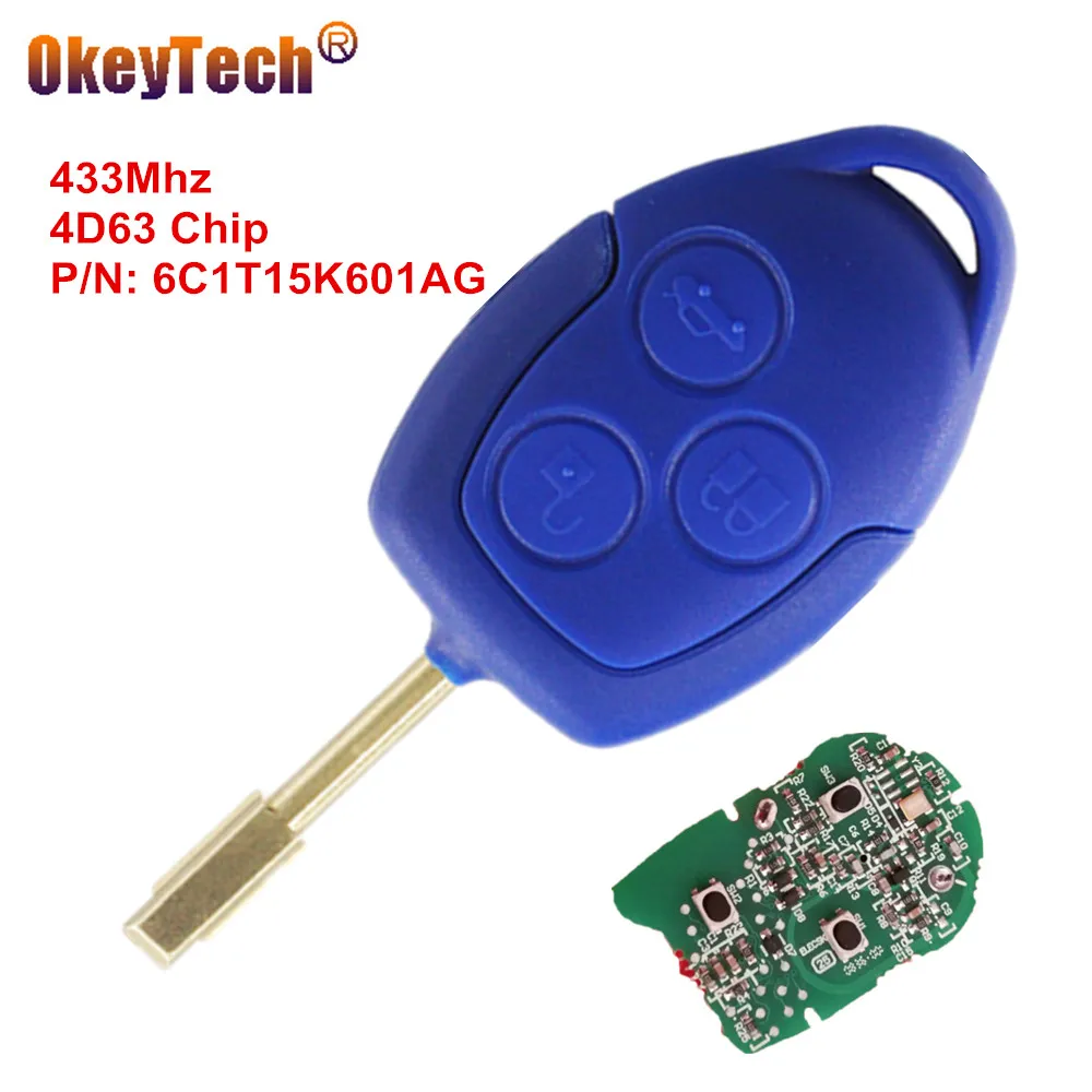 

Okeytech 3 Buttons Car Remote Key Fob For Ford Transit WM VM 2006-2014 Replacement 433MHz 4D63 Chip P/N: 6C1T15K601AG FO21 Blade