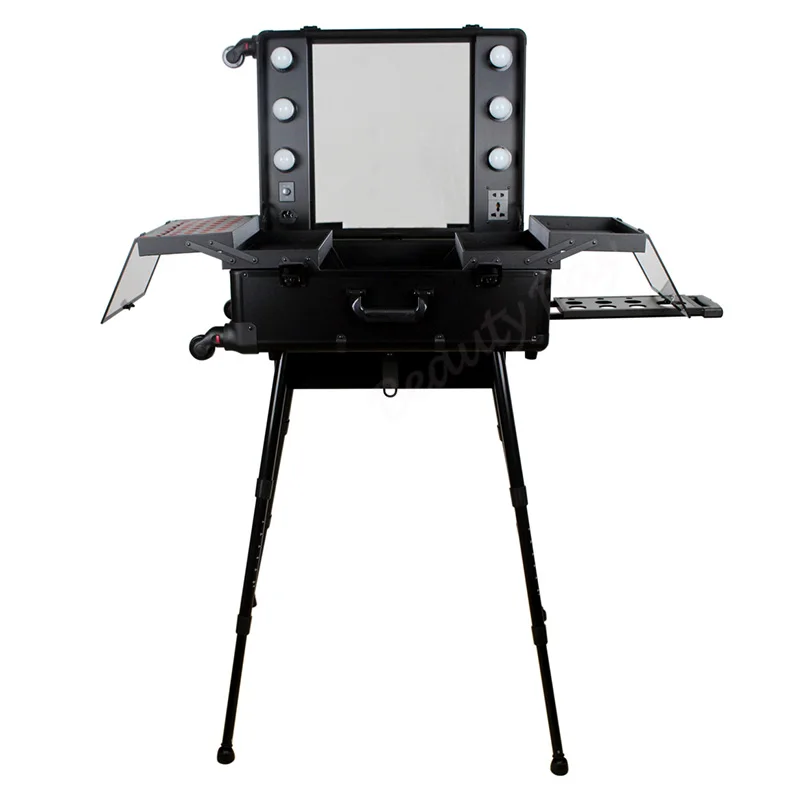 Black color lighted makeup case with removable wheels, cosmetic beauty case with lights, mirror