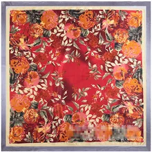 Женский шёлковый шарф платок с листьями и цветами 90x90 см|square silk
