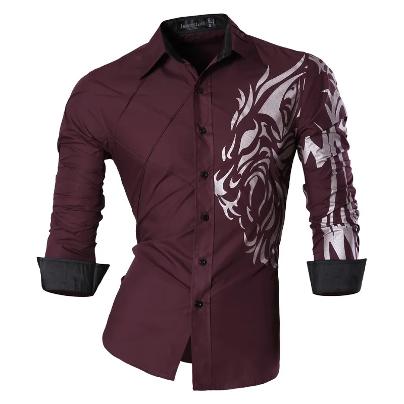 

Jeansian Men's Fashion Dress Casual Shirts Button Down Long Sleeve Slim Fit Designer Tattoo Lion Z030 WineRed