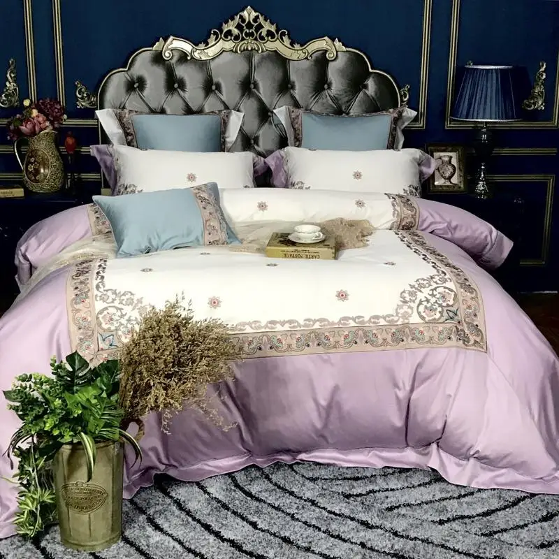 - Queen king luxury Bedding Set white lace egyptian cotton embroidery wedding bed set cotton Bed sheets Duvet quilt cover set