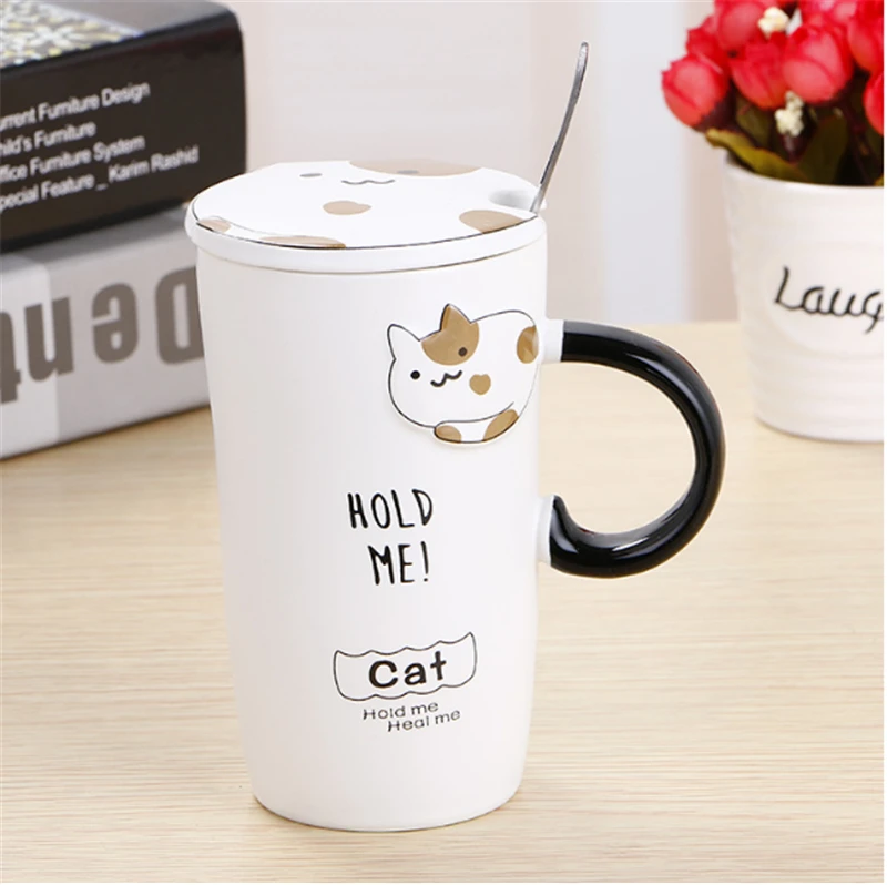 500 мл Милая кружка с рисунком кота, керамическая кофейная кружка с ложкой и крышкой, мультяшная кофейная чашка с ручкой, подарок подруге