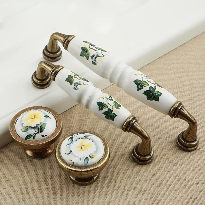 Free shipping European antique wardrobe handle Long flat Bronze Ceramic Drawer cabinet pulls Golden crack furniture knobs76/96mm