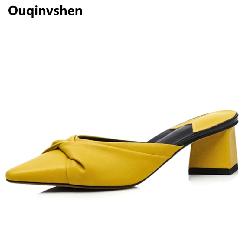 

Ouqinvshen Butterfly-knot Yellow Shoes Women High Heels Pointed Toe High-quality Fashion Summer Shoes Strange Style Mules Shoes