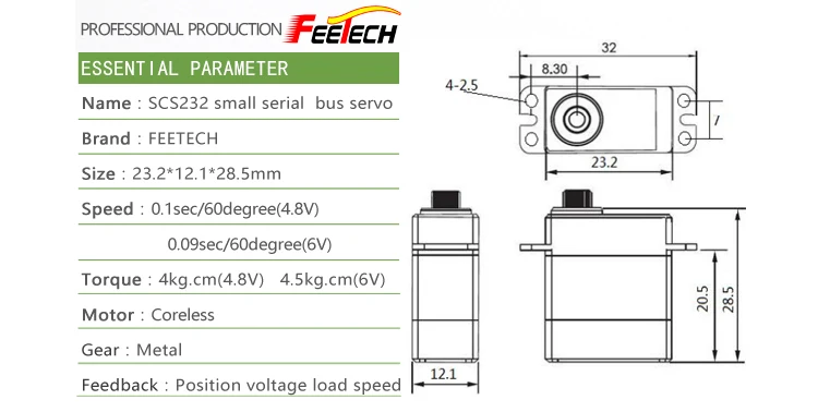 Robot Serial Bus Intelligent Servo, Feetech SCServo2332 , small 6V 4.5kg cm Torque, All Metal, Coreless, Data Feedback Function (2)