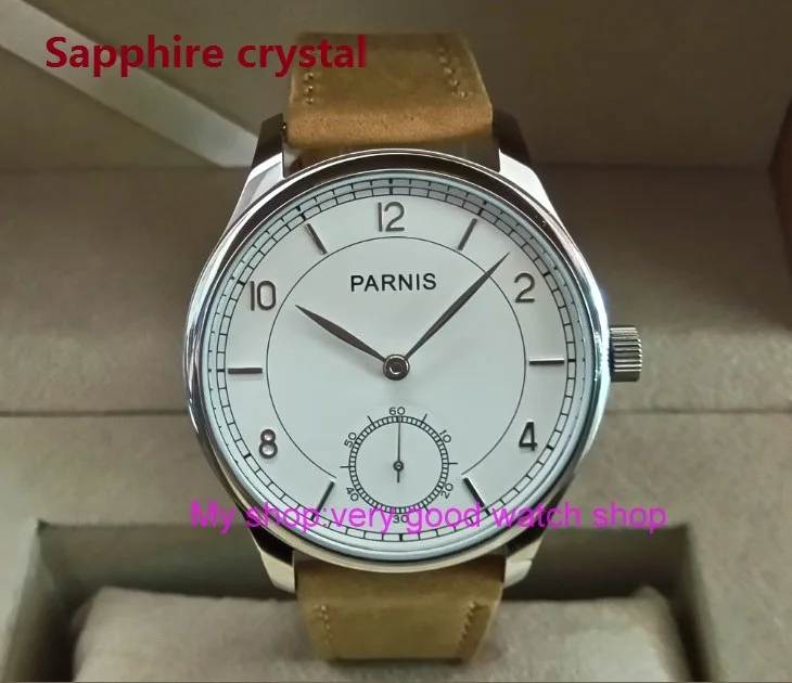 

Sapphire crystal 44mm PARNIS white dial Asian 17 jewels 6497/3600 Mechanical Hand Wind movement Mechanical watches pa45-p8