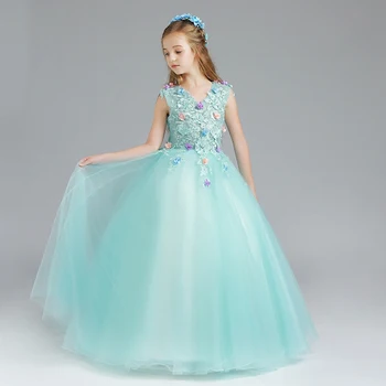 

blue lace Arabic Princess Sweet Flower Girl Dresses for Wedding 3D flower Tulle Kids Party Ball Gown Girl Communion dress