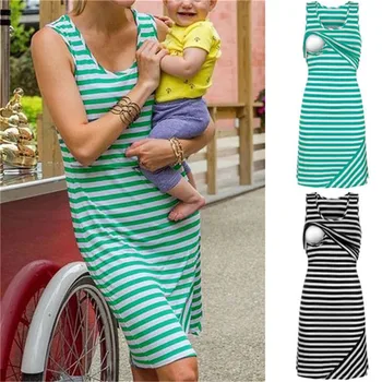 

NEW Women Summer Mom Pregnancy Maternity Clothing Breastfeeding Nursing Dress Sleeveless Striped Dress