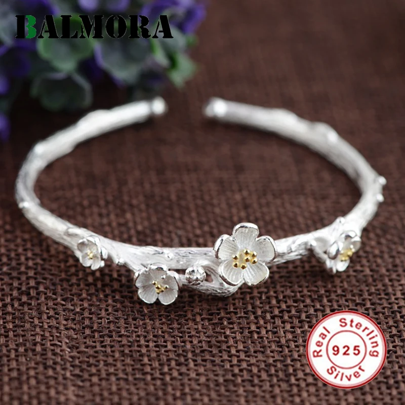 

BALMORA Authentic 925 Sterling Silver Jewelry Retro Flower Open Bangles for Women Bracelets Accessories Gifts Bijoux SY50248