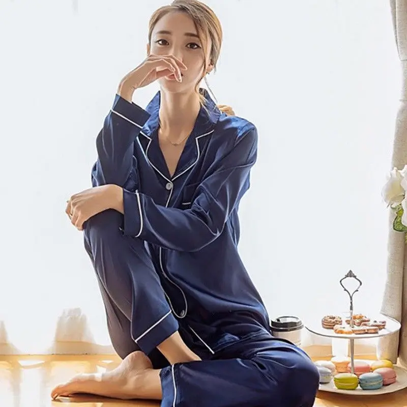 

Spring Autumn Loose Silk Satin Women Sleepwear Pajamas Set Striped Single-breasted Tops and Long Pant Two Piece Sets